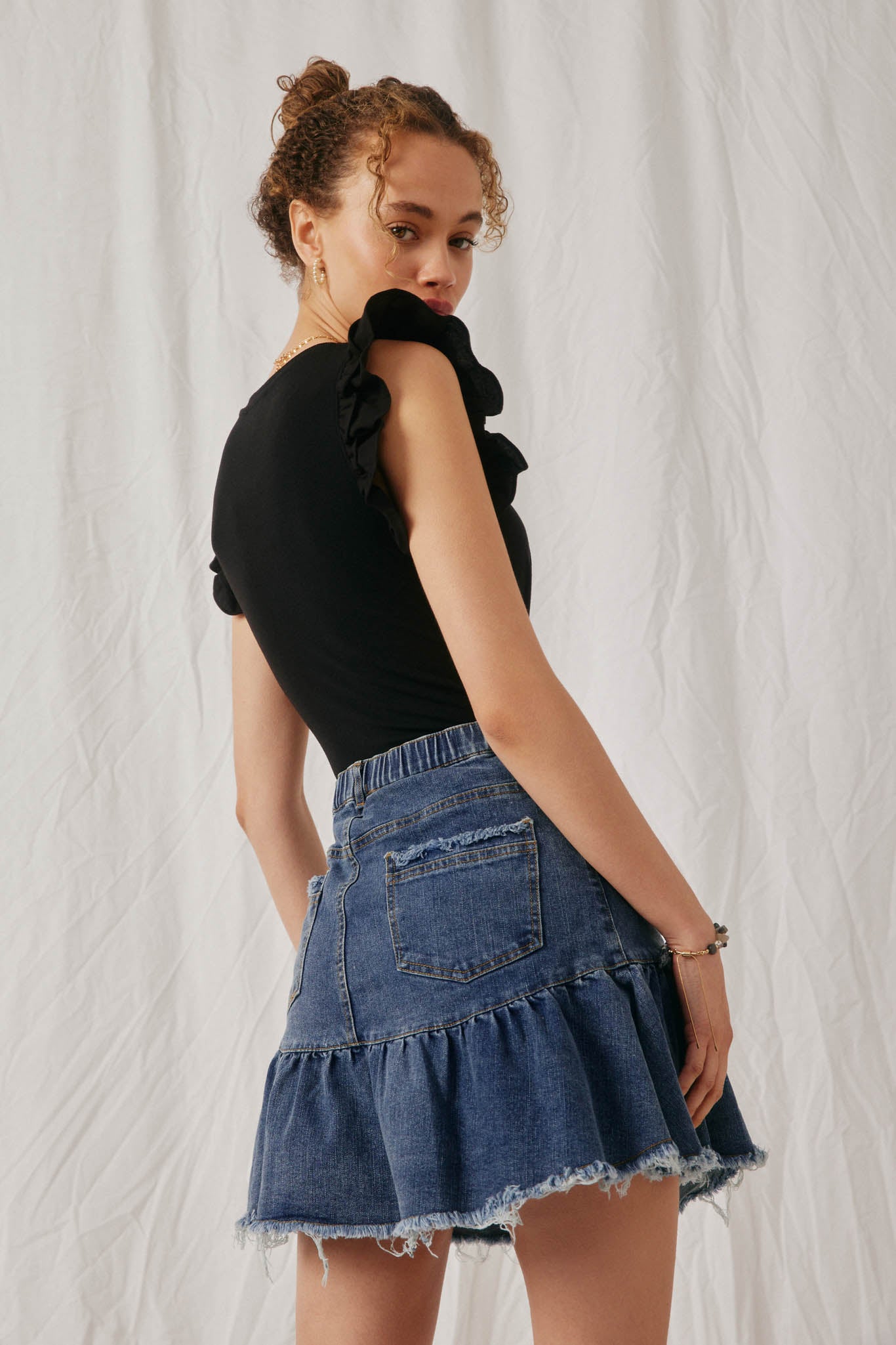 HY6738 Denim Womens Layered Ruffle Mix Media Ribbed Knit Tank Back