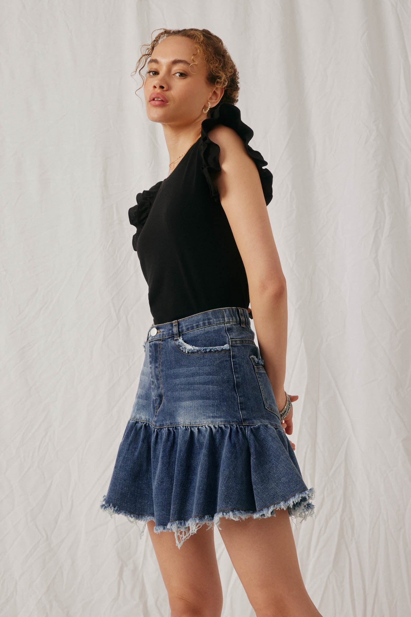 HY6738 Denim Womens Layered Ruffle Mix Media Ribbed Knit Tank Side