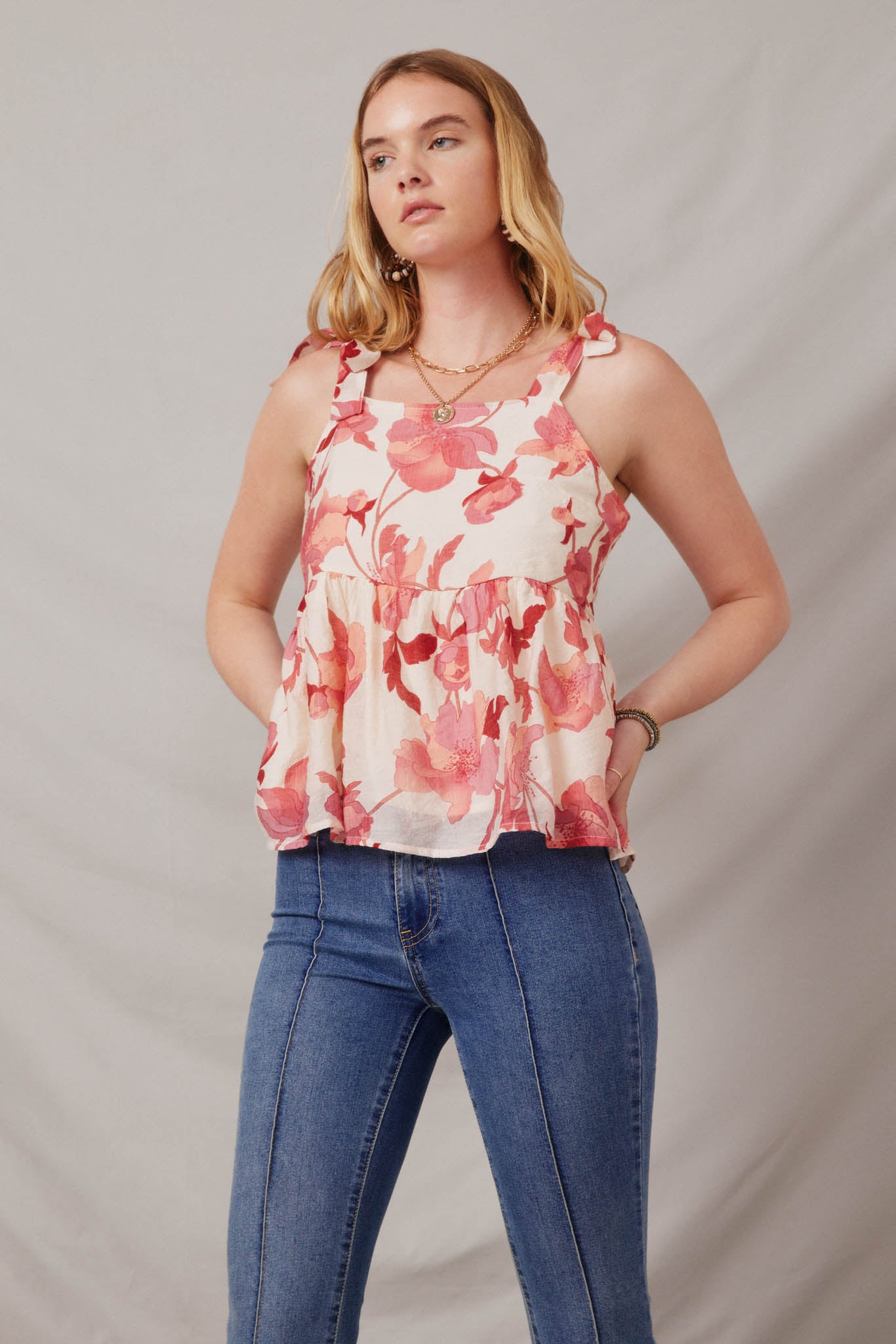 HY6741 Red Womens Textured Floral Tie Shoulder Hankerchief Top Front