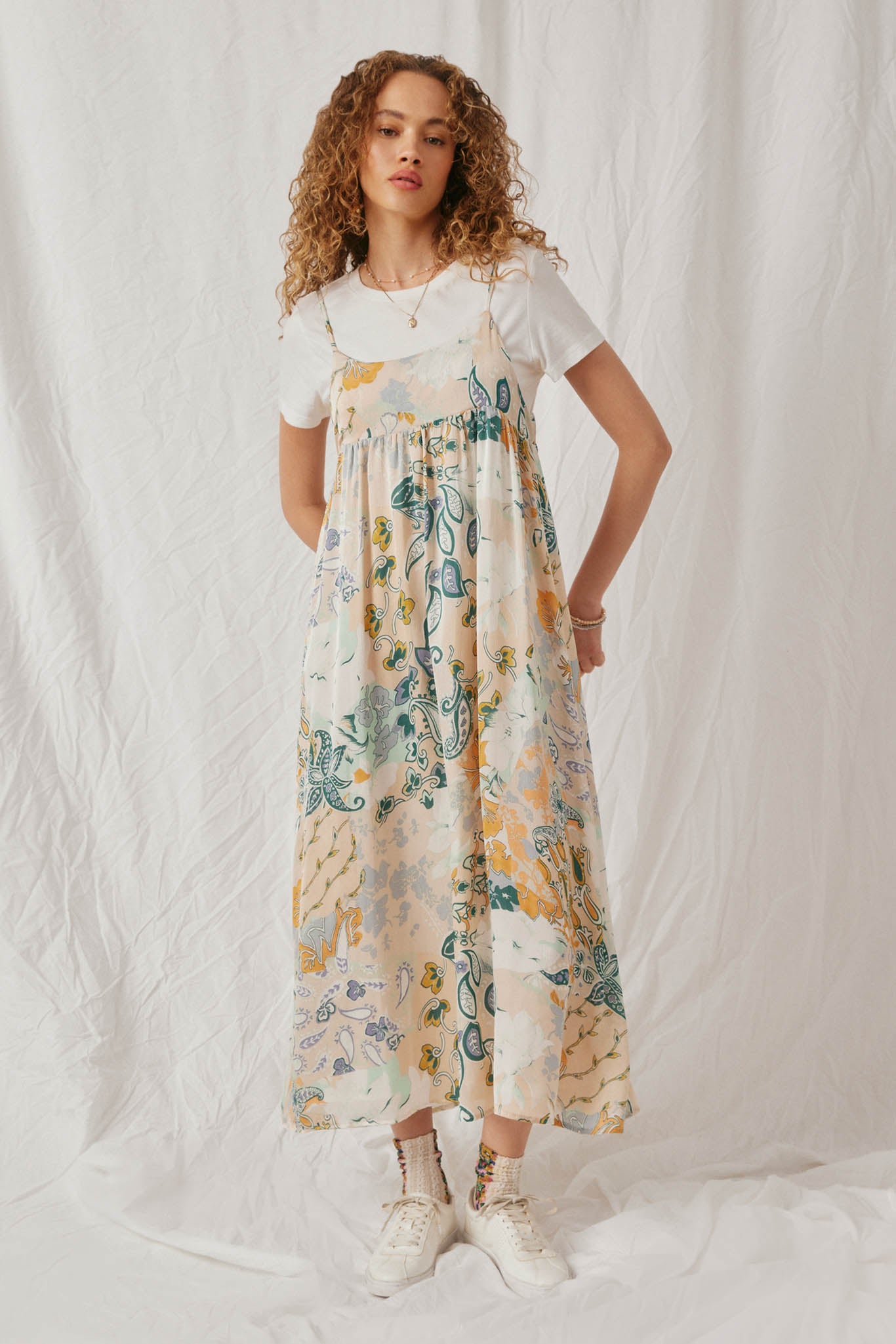 HY6753 Off White Womens Paisley Print Satin Open Back Tank Dress Full Body 2