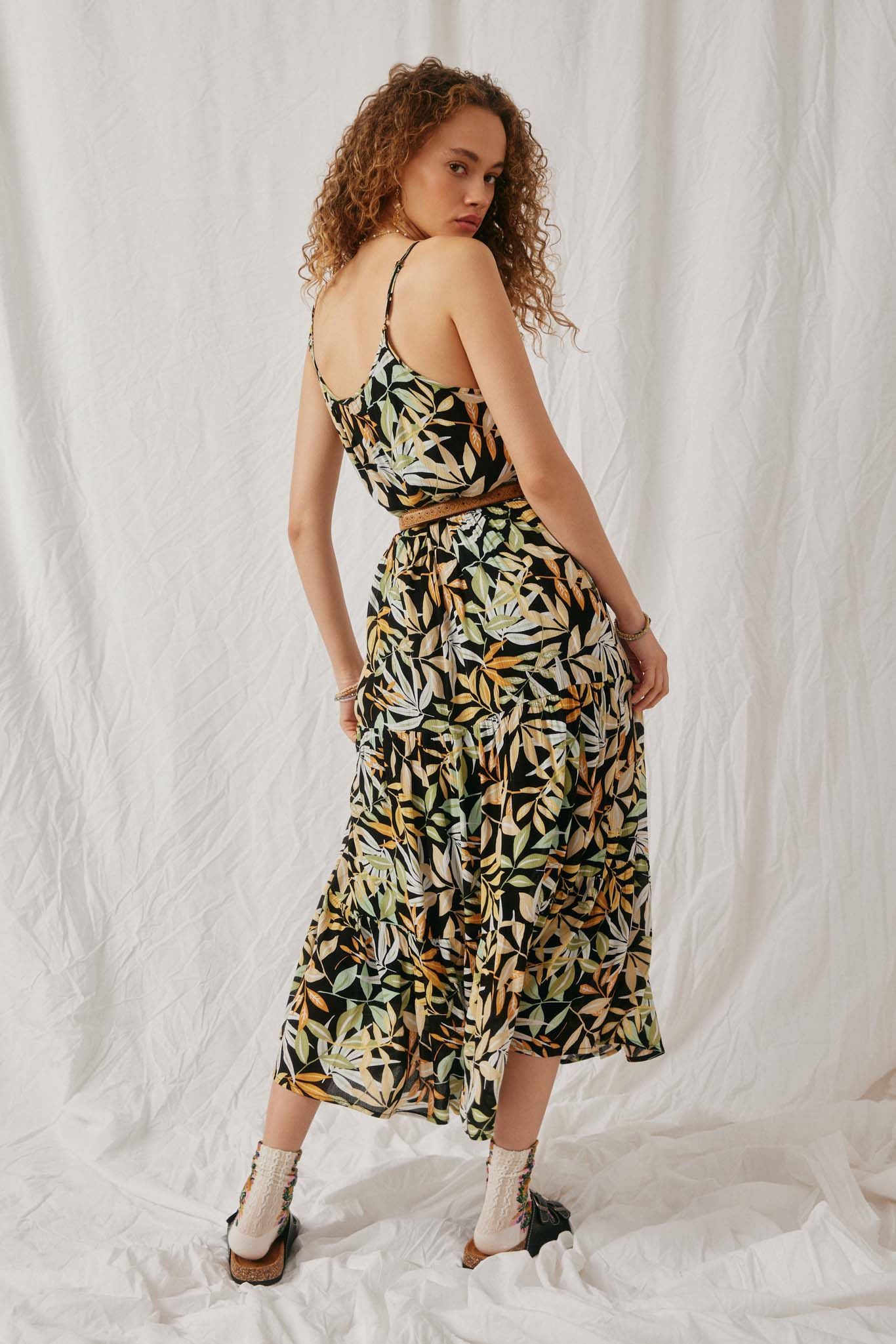 HY6822 Black Womens Botanical Print Tank Dress Back