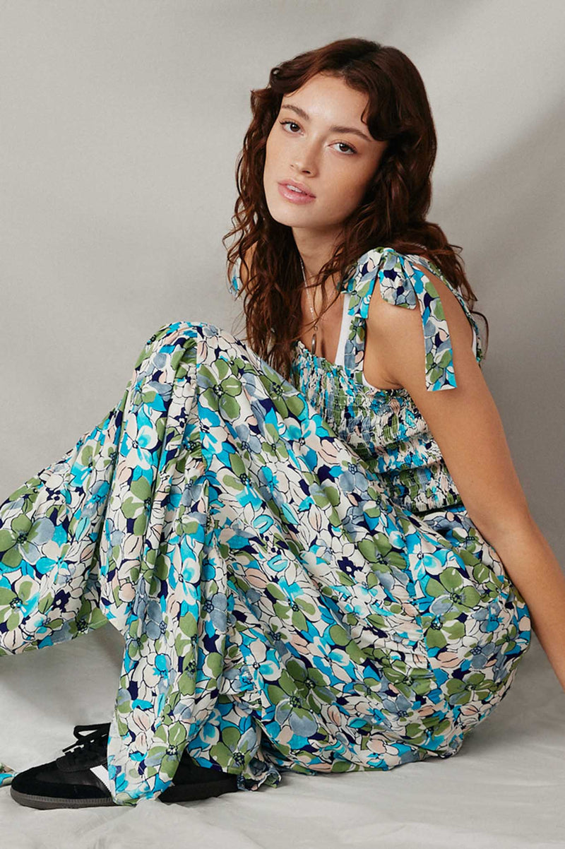 HY6830 Blue Womens Floral Smocked Bodice Tie Shoulder Dress Pose