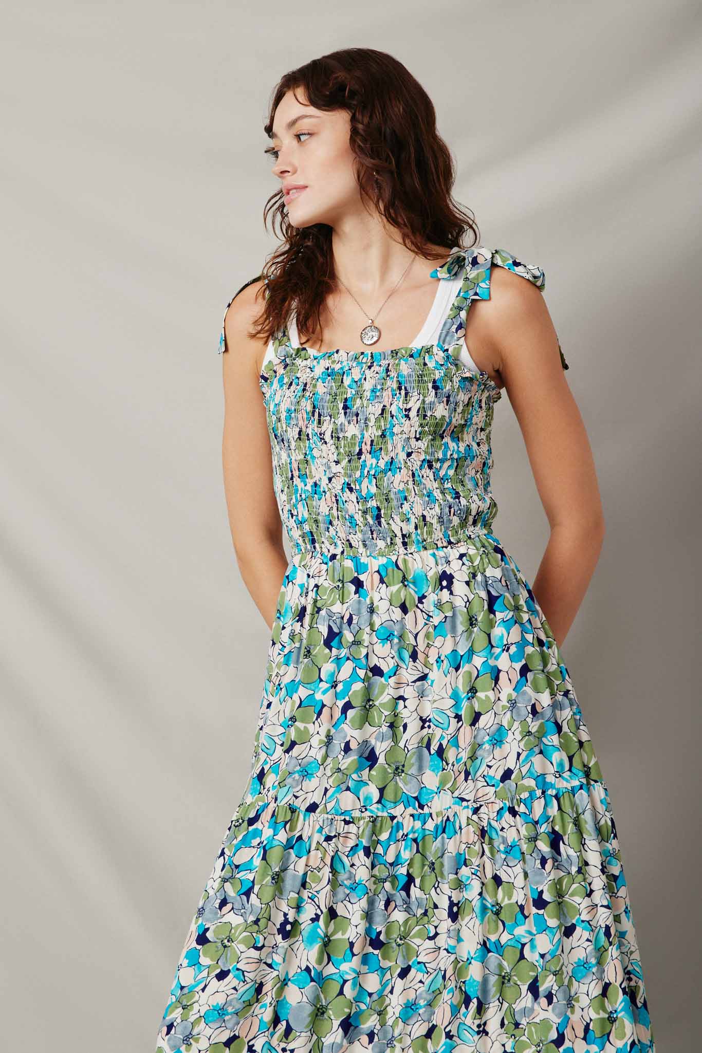 HY6830 Blue Womens Floral Smocked Bodice Tie Shoulder Dress Front