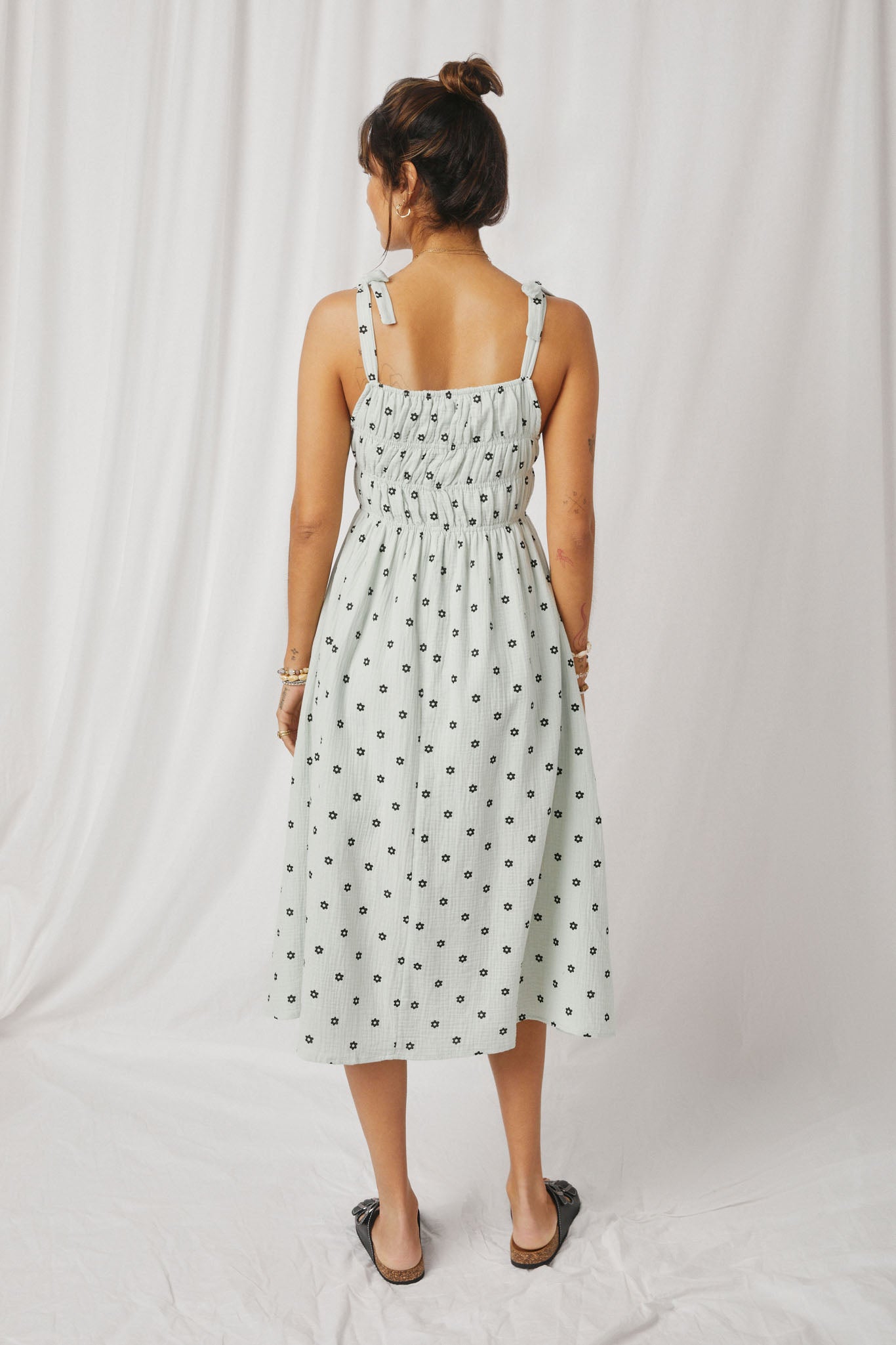 HY6884 Mint Womens Polka Dot Tie Strap Smocked Dress Back