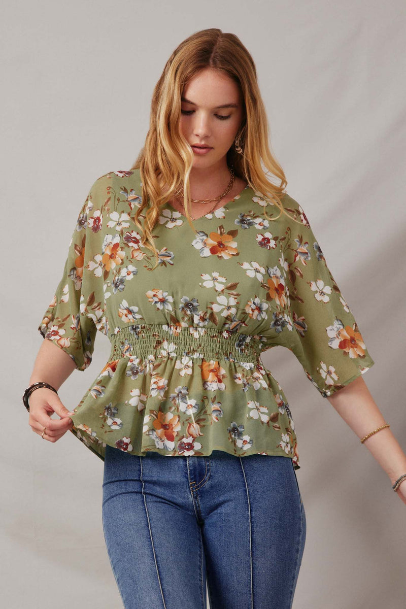HY6927 Sage Women Floral Smocked Waist V Neck Dolman Front