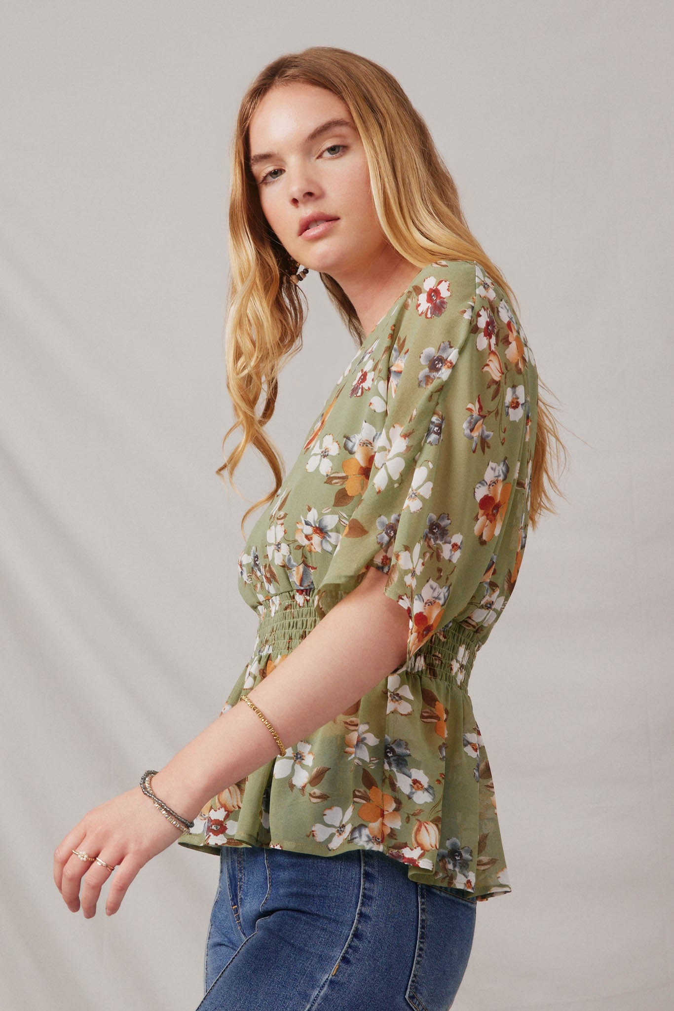 HY6927 Sage Women Floral Smocked Waist V Neck Dolman Side