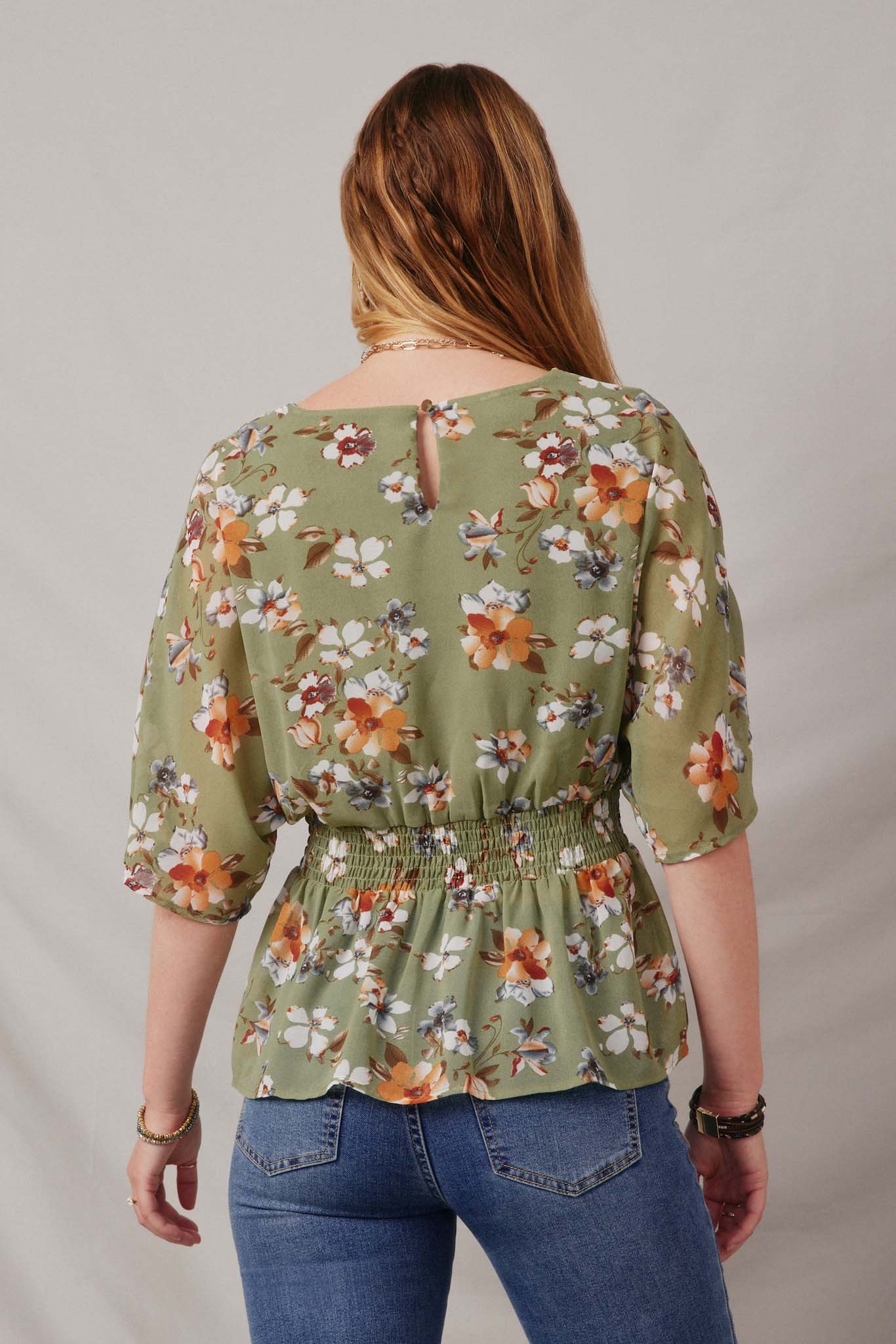 HY6927 Sage Women Floral Smocked Waist V Neck Dolman Back