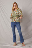HY6927 Sage Women Floral Smocked Waist V Neck Dolman Full Body