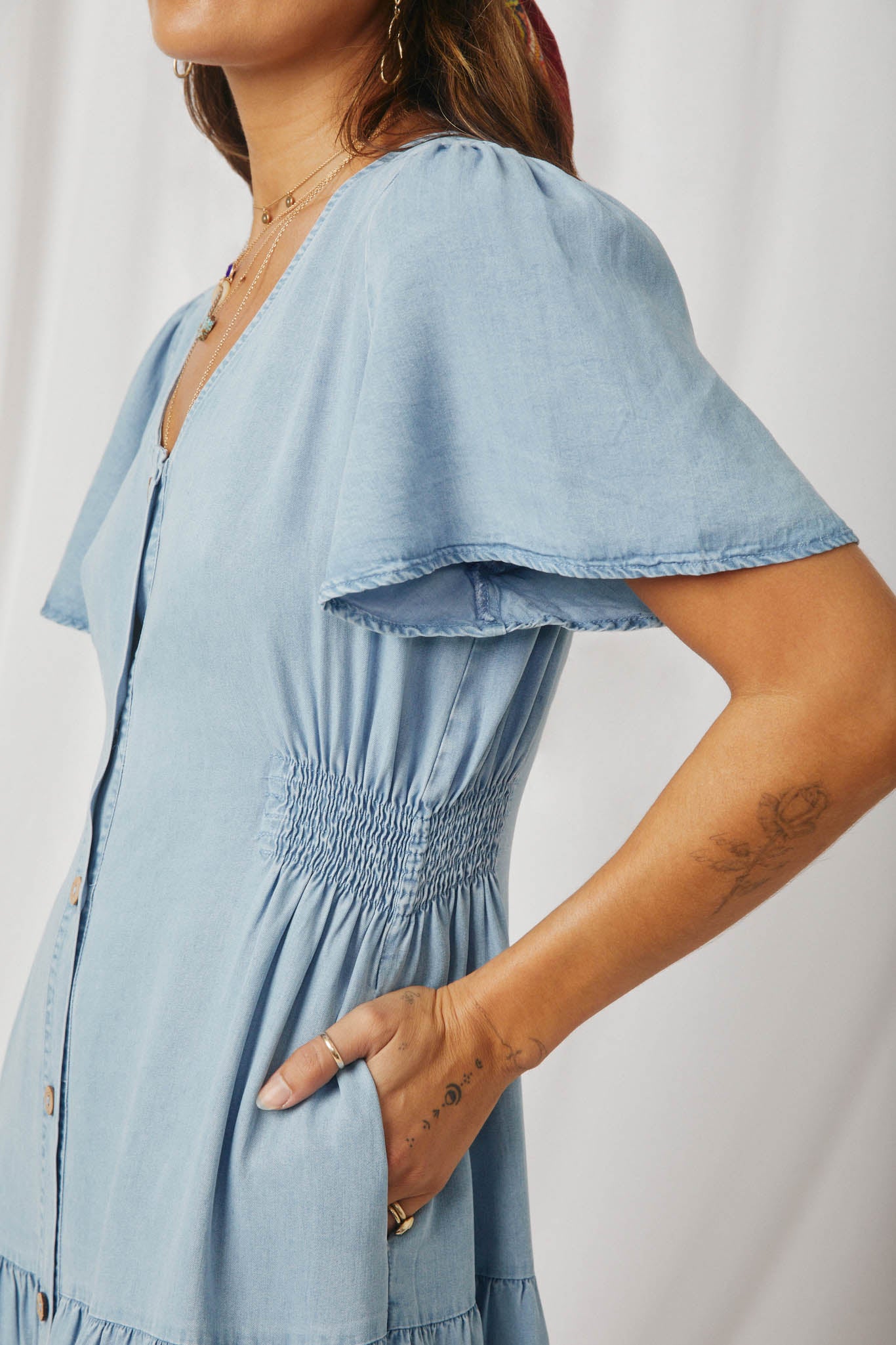 HY6951 Light Denim Womens Button Front Side Smocked Denim Tencel Dress Detail