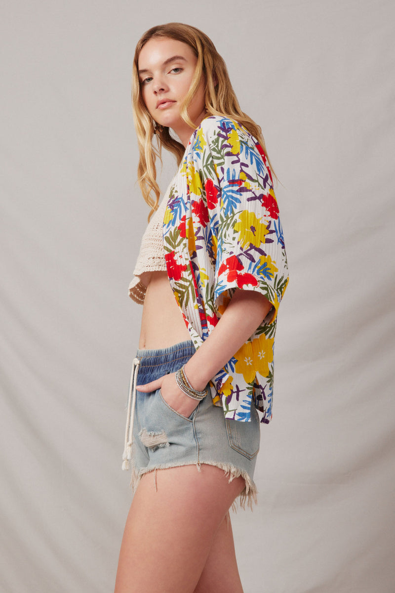 HY6990 Yellow_Mix Womens Vivid Floral Contrast Stitch Linen Blend Kimono Detail