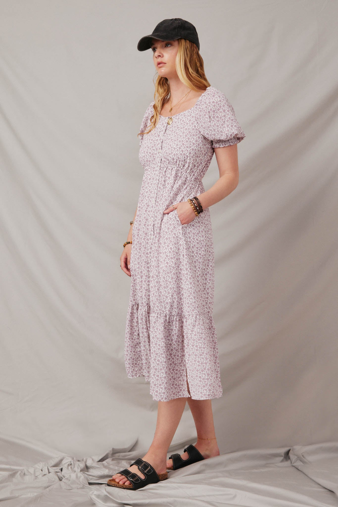 HY7002 Lavender Womens Ditsy Floral Sweetheart Neck Dress Side