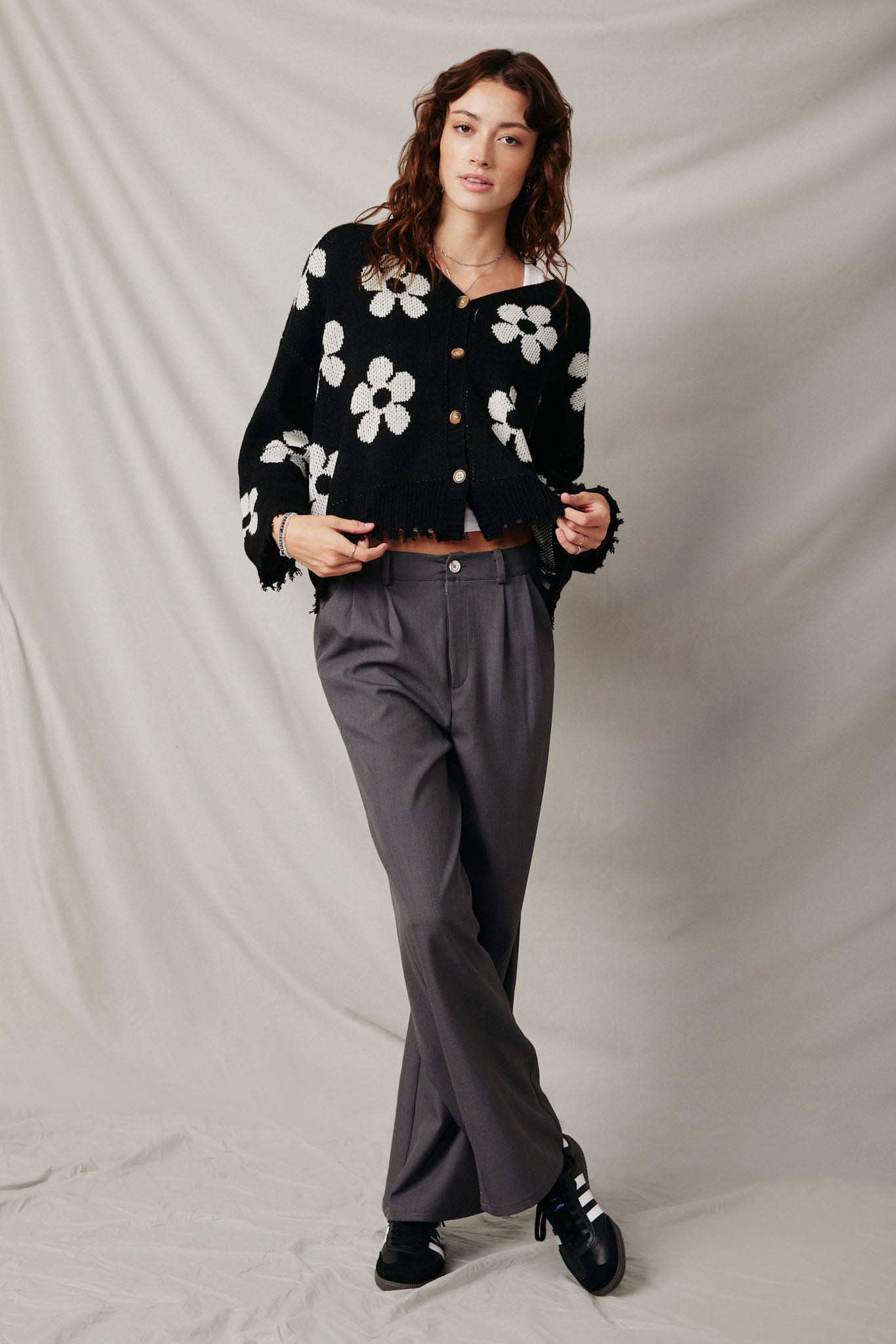 HY7434 Black Womens Distressed Floral Patterned Cardigan Full Body