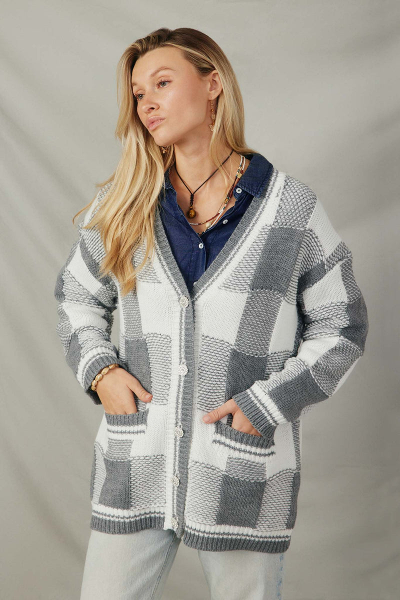 HY7463 Grey Womens Mixed Knit Statement Button Quilted Sweater Cardigan Front