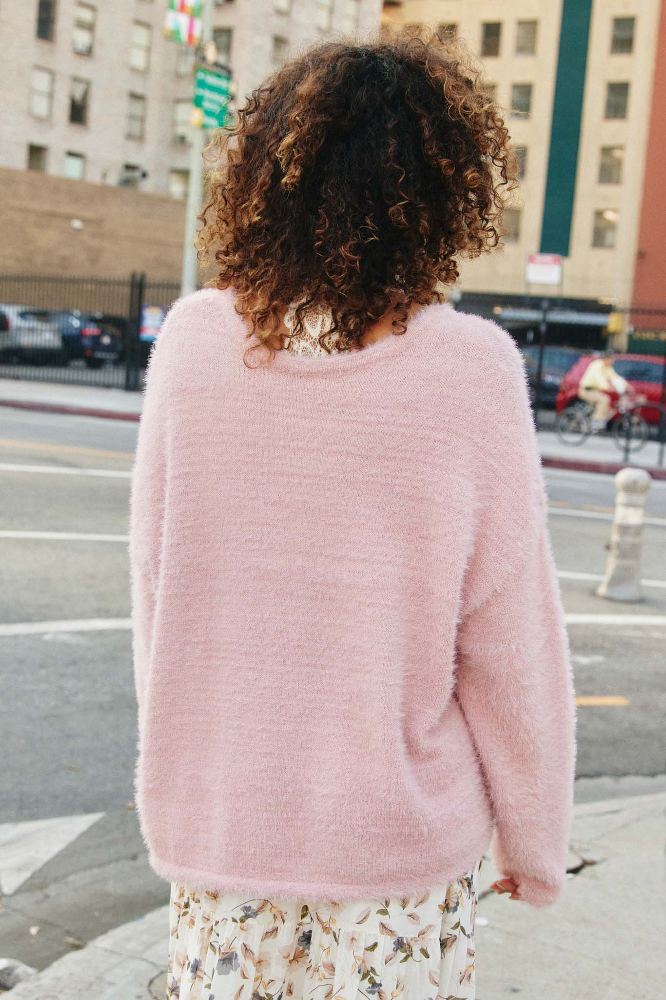 HY7522 Blush Womens Mohair V Neck Sweater Top Back