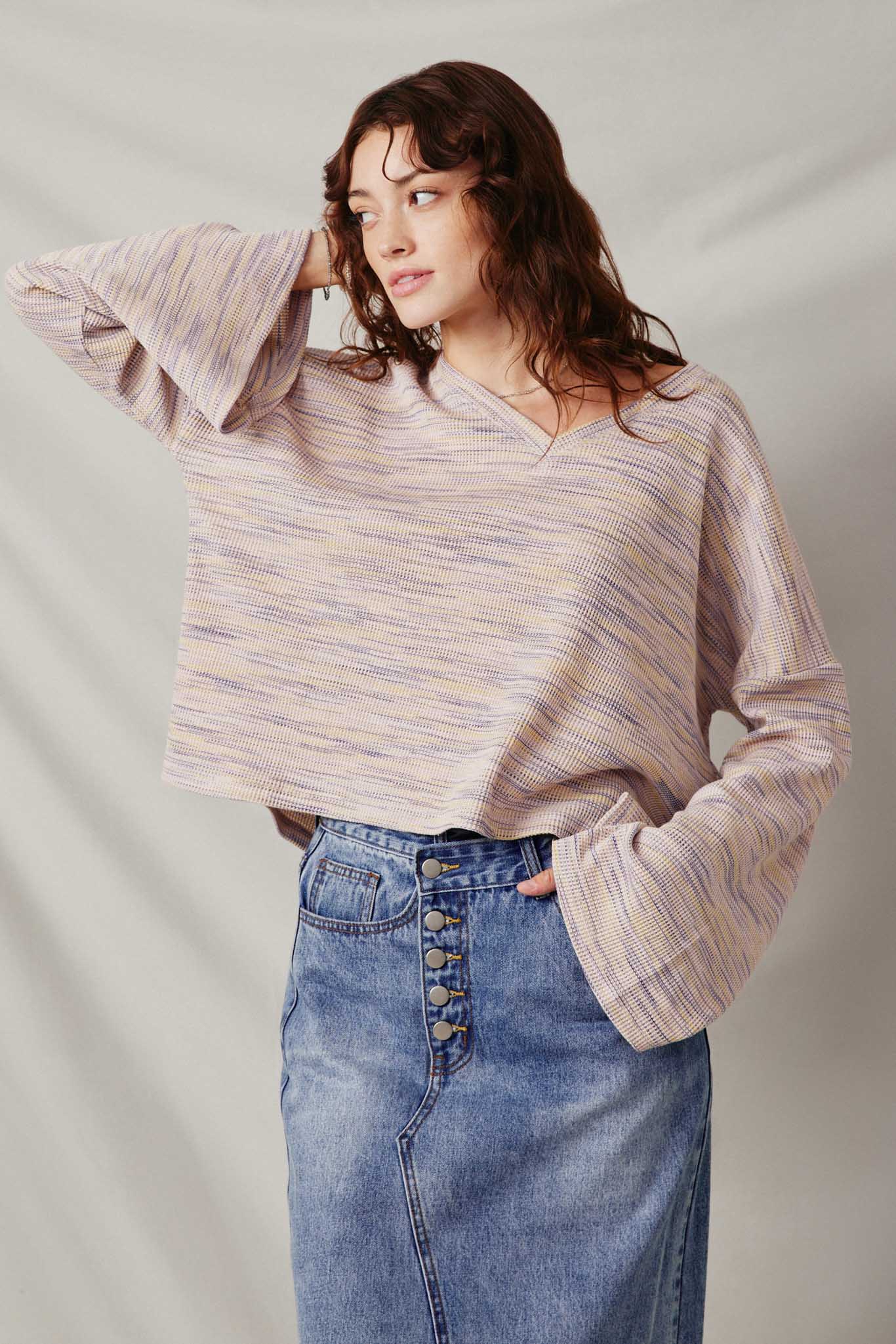 HY7523 Lavender Womens Textured V Neck Drop Should Marled Knit Top Front 2