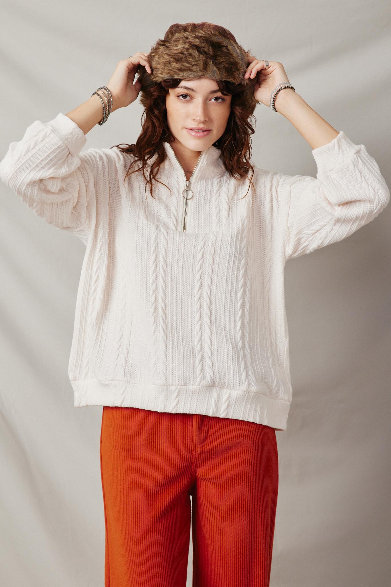 HY7530 Ivory Womens Cable Knit Long Sleeve Mock Neck Half Zip Top Front 2