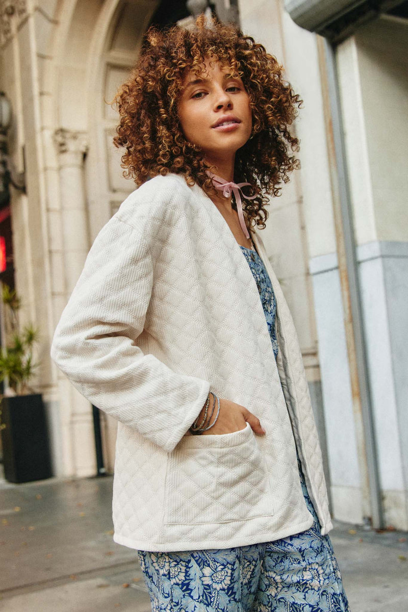 HY7678 Ivory Womens Quilt Textured Open Padded Cardigan Side