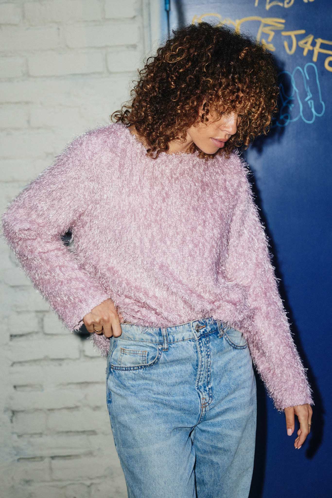 HY7739 Pink Womens Fringe Detail Spangle Long Sleeve Top Front 2