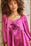 HY7760 Magenta Womens Satin Rose Corsage Detail Tiered Top Front