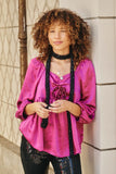 HY7760 Magenta Womens Satin Rose Corsage Detail Tiered Top Pose 2