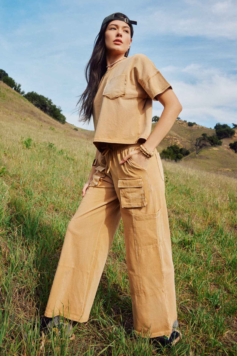 HY7814 Taupe Washed Cargo Pocket Detail Wide Leg Knit Pants Full Body