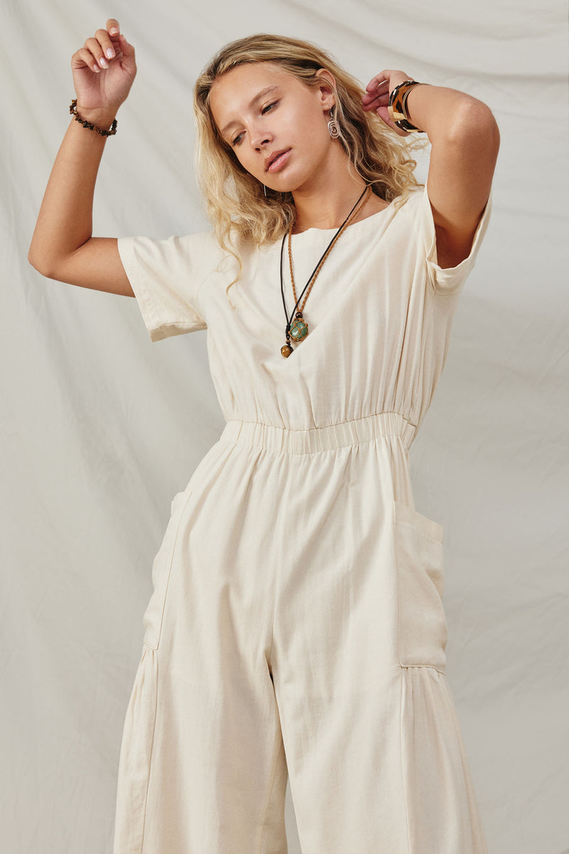 HY7890 Ivory Womens Patch Pocket Wideleg Textured Jumpsuit Front