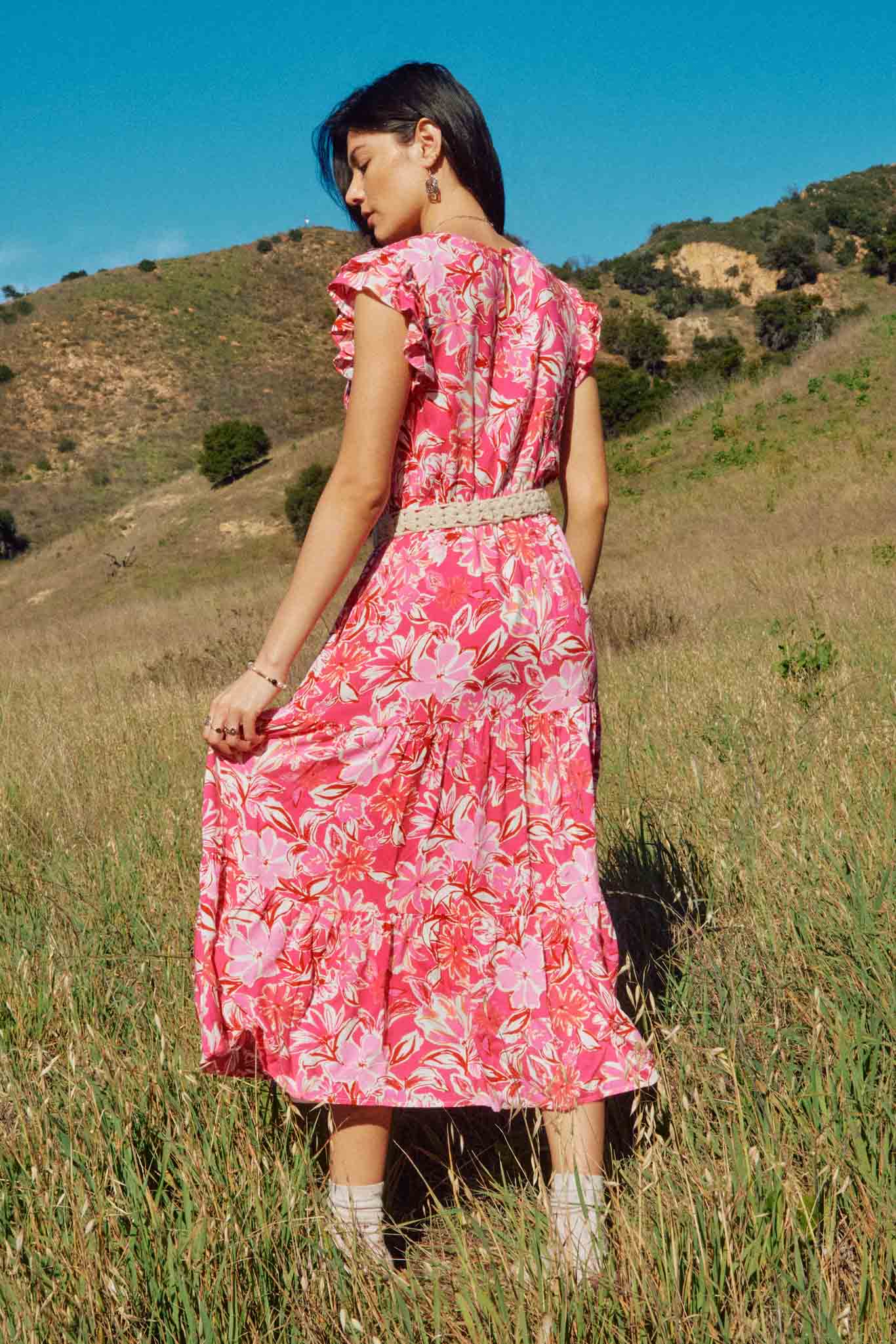 HY7988 Pink Womens Tropical Floral Smocked Ruffled Tank Dress Back