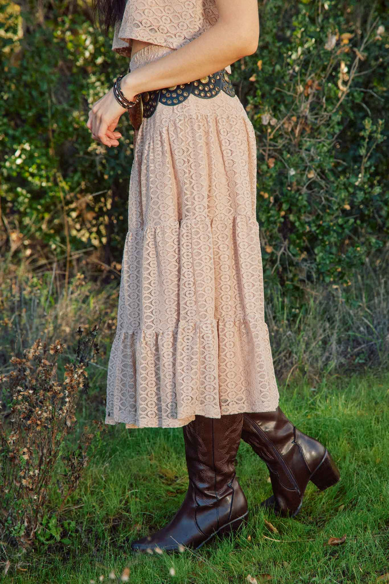 HY8153 Taupe Womens Button Detailed Tiered Lace Skirt Side