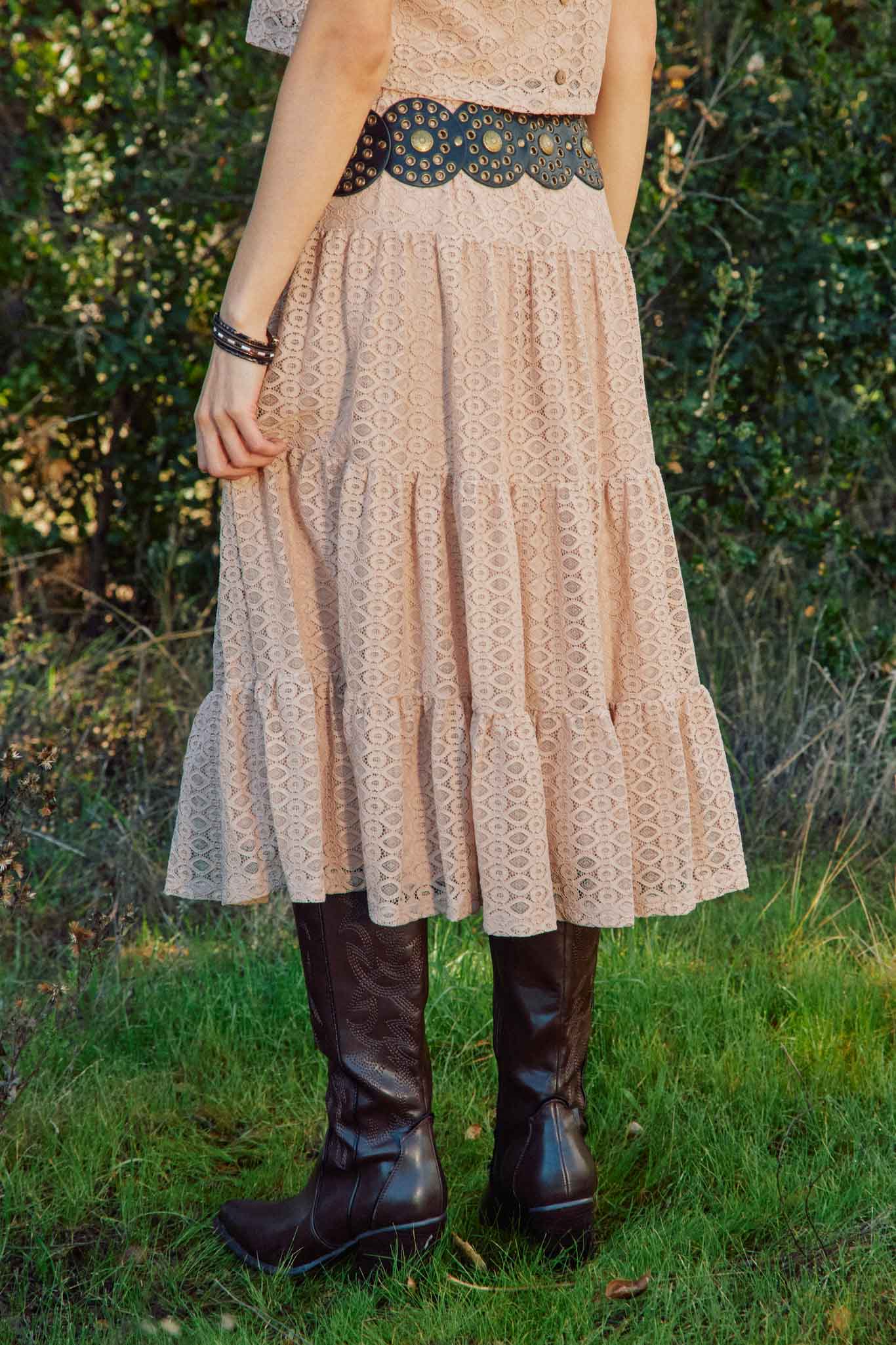 HY8153 Taupe Womens Button Detailed Tiered Lace Skirt Back