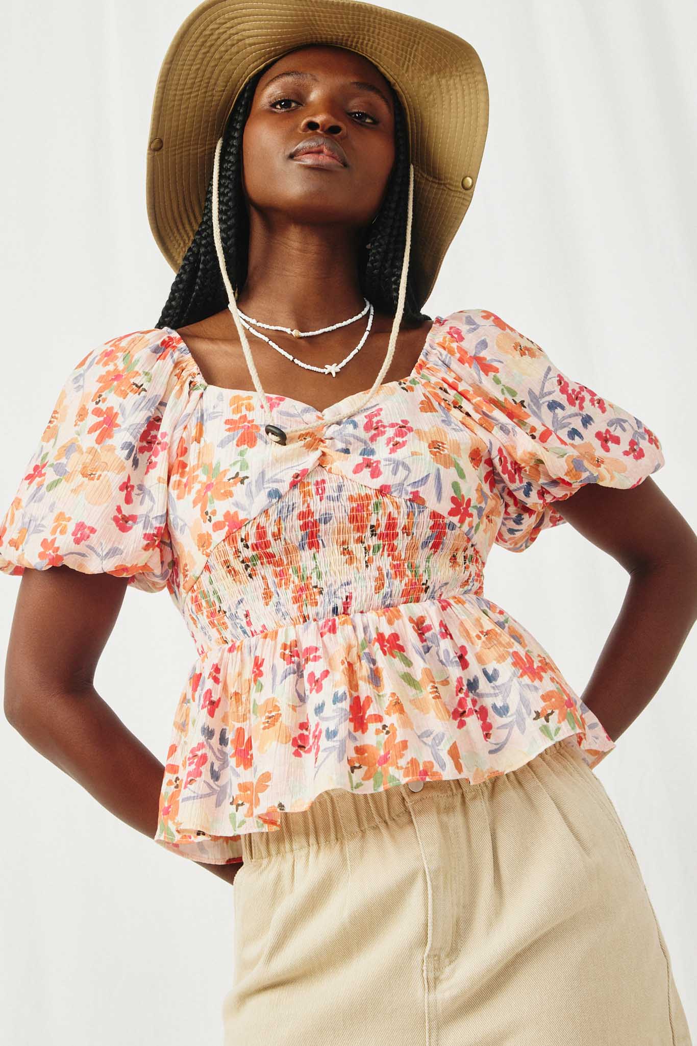 HY8195 Orange Womens Floral Smocking Paneled Puff Sleeve Top Front