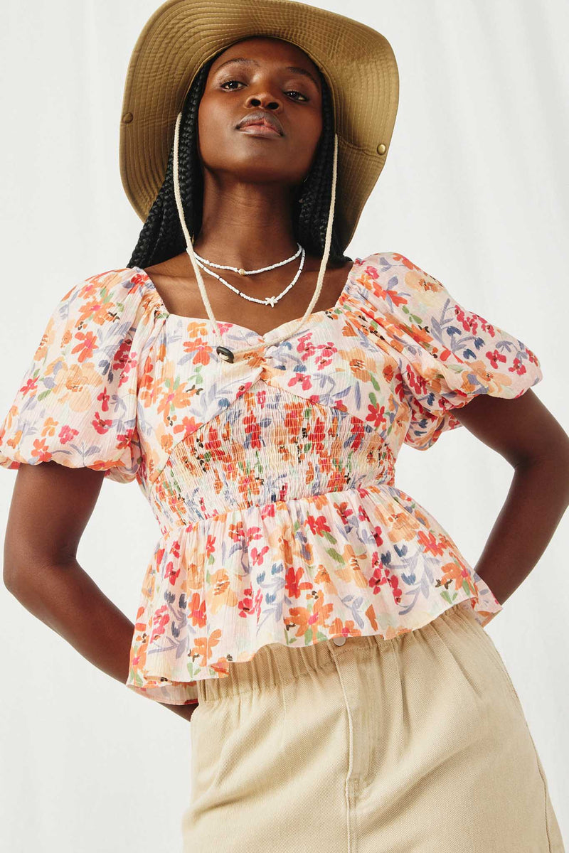 HY8195 Orange Womens Floral Smocking Paneled Puff Sleeve Top Front