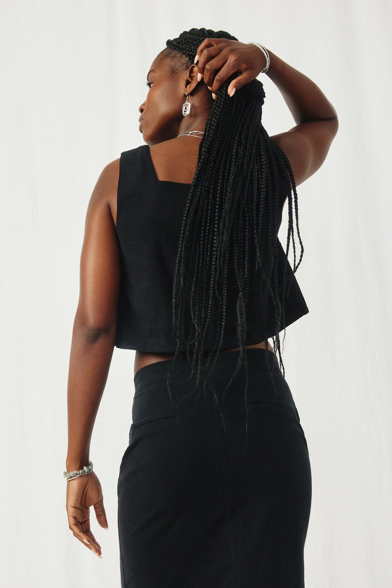 HY8198 Black Womens Textured Stretch Boxy Tank Back