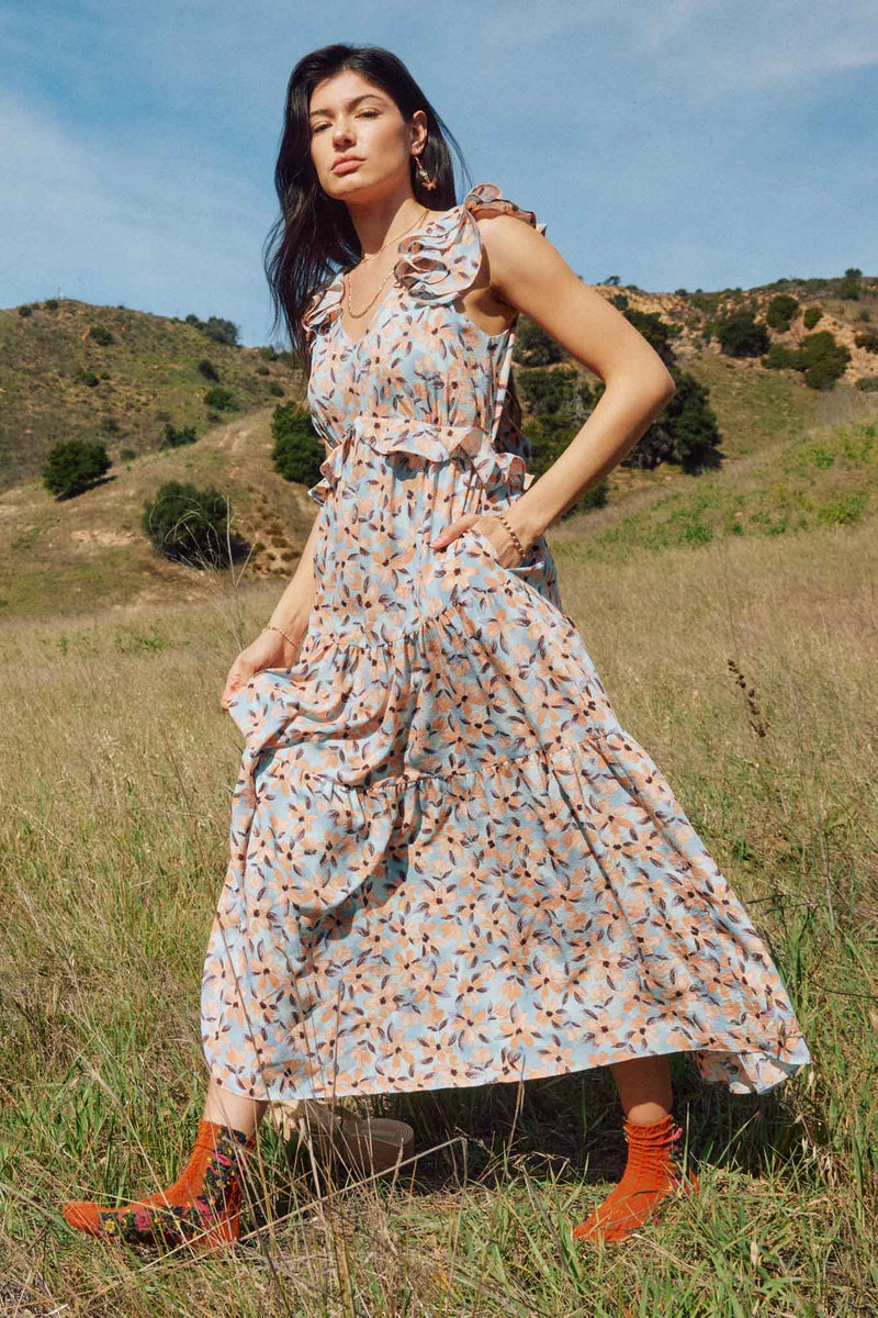 HY8205 Blue Womens Floral Ruffle Detailed Cutout Dress Full Body