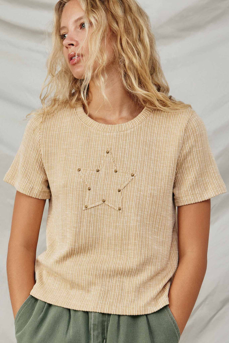 HY8216 Tan Womens Studded Star Patch Textured Knit T Shirt Front