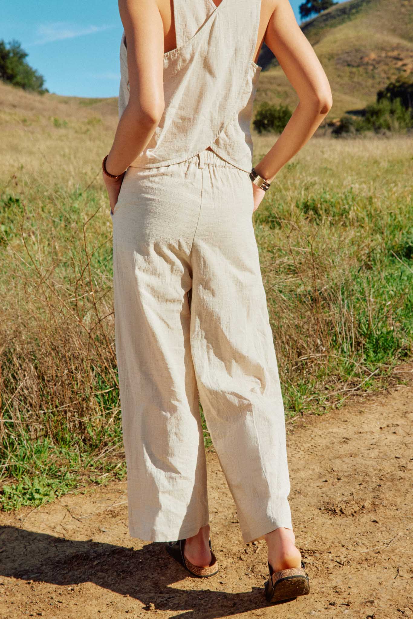 HY8220 Oatmeal Womens Textured Linen Look Pleated Wide Leg Slacks Back