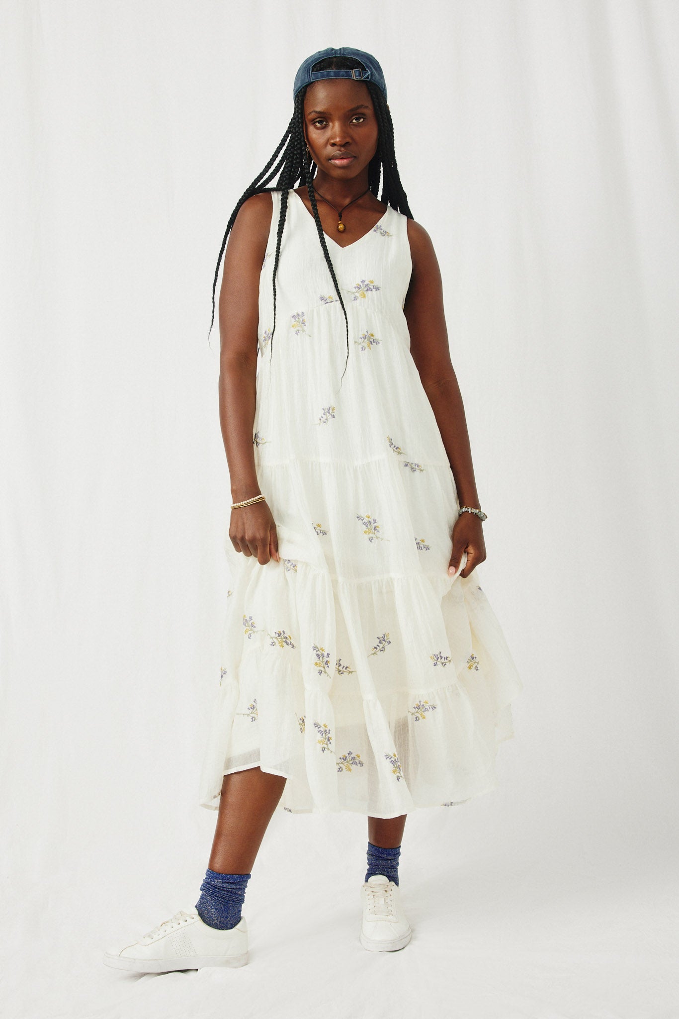 HY8241 Lavender Ditsy Floral Embroidered V Neck Tiered Dress Full Body