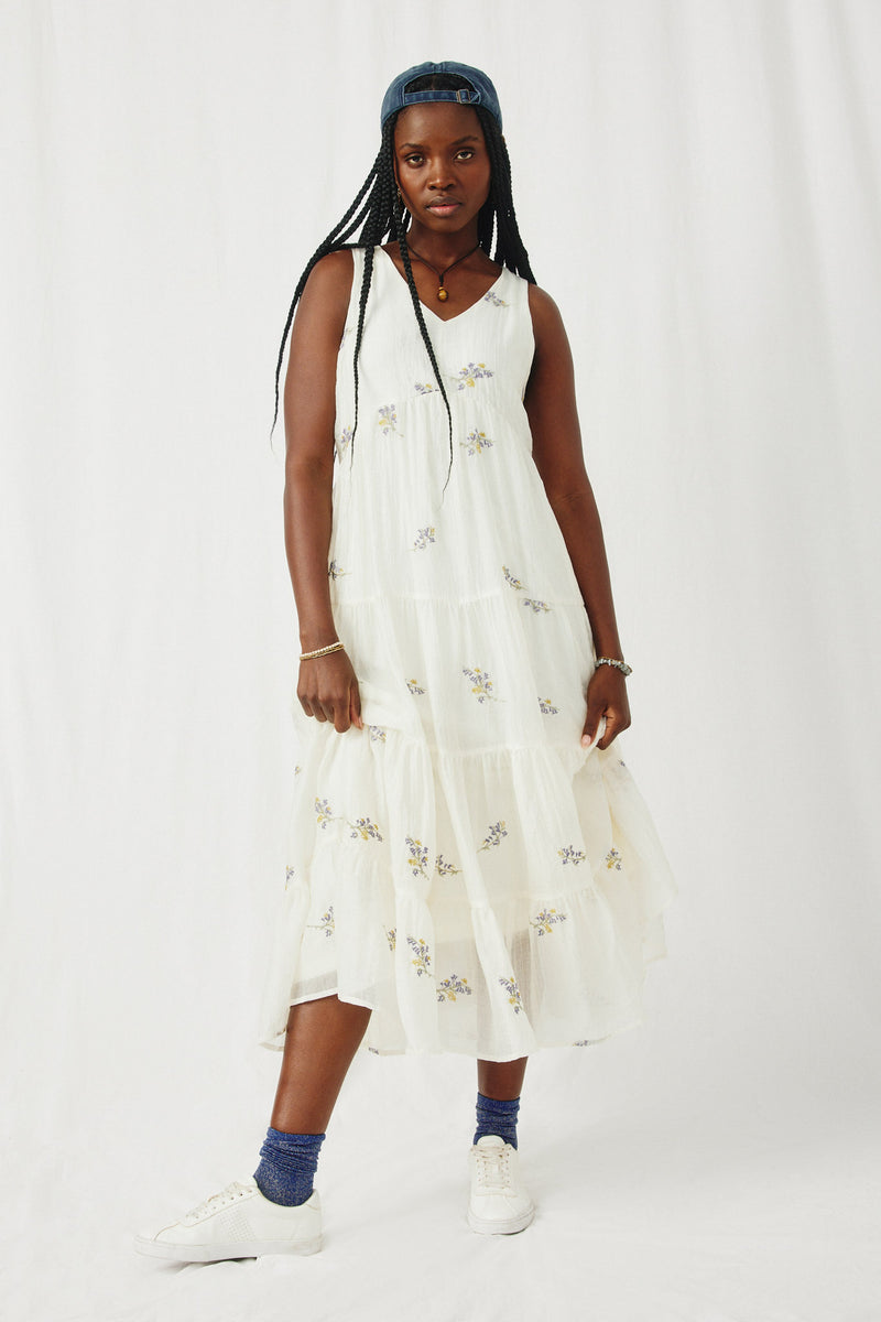 HY8241 Lavender Ditsy Floral Embroidered V Neck Tiered Dress Full Body