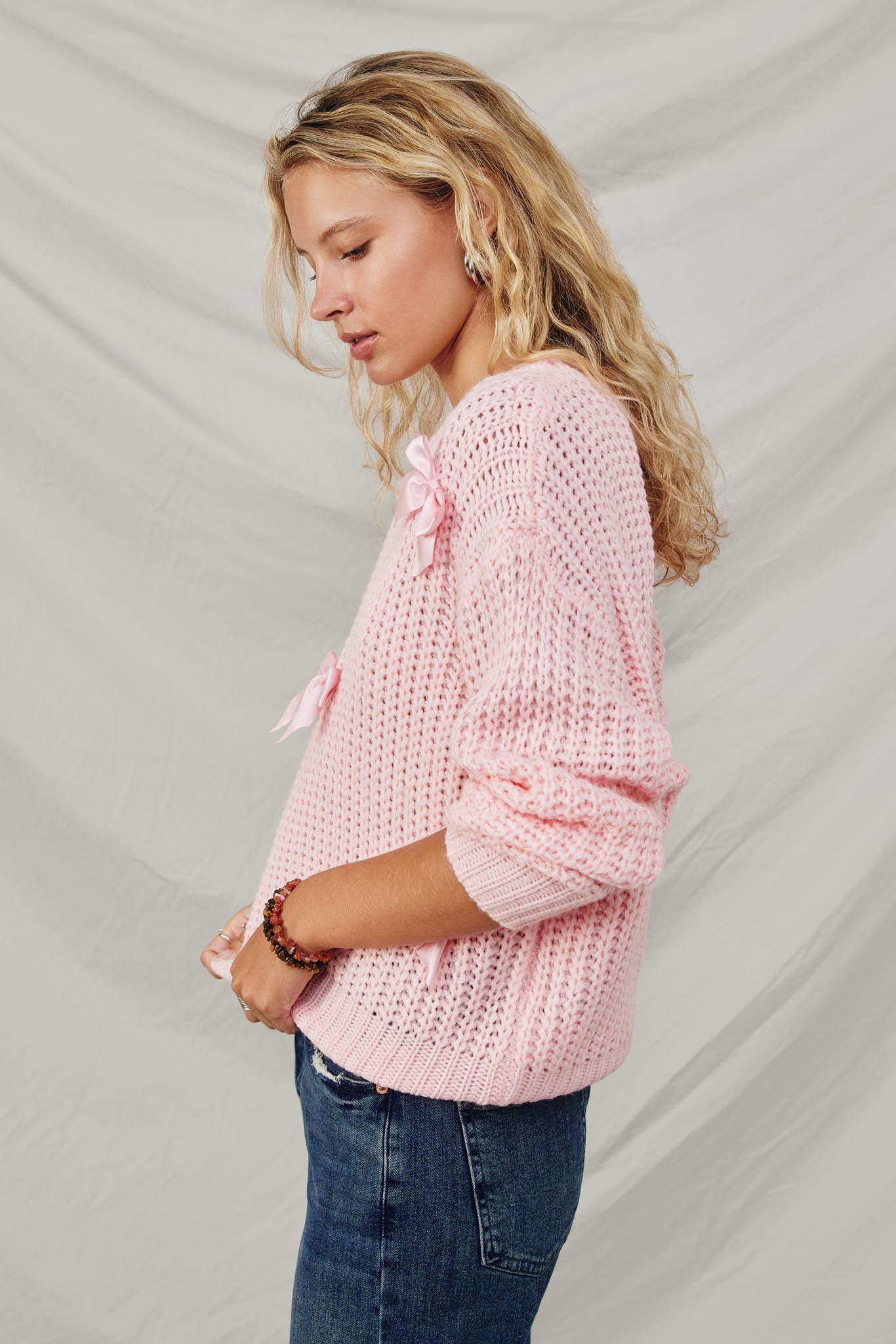 HY8340 Pink Womens Low Gauge Bow Detail Pullover Sweater Side