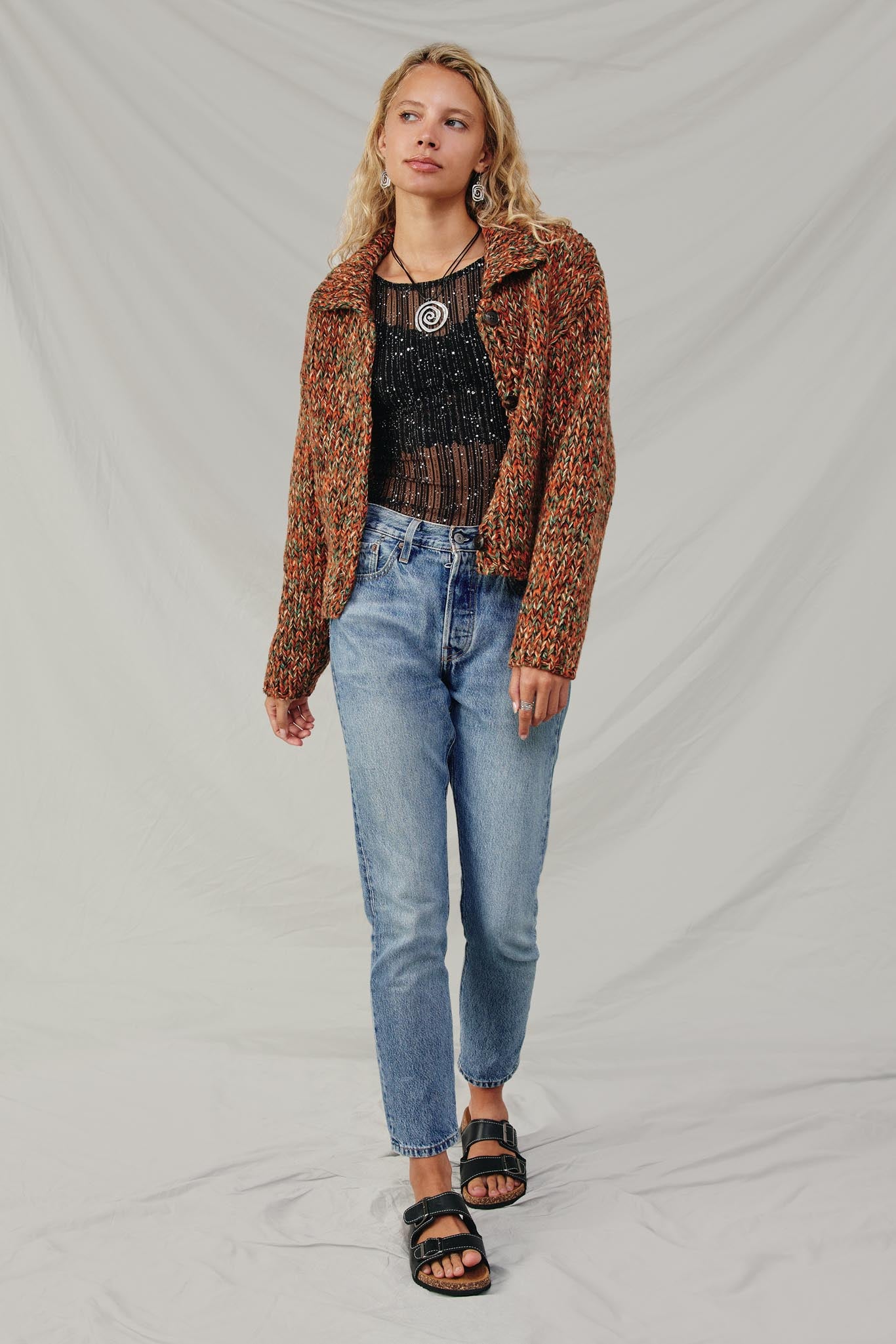 HY8349 Brown Mix Womens Multicolor Yarn Collared Button Sweater Cardigan Full Body