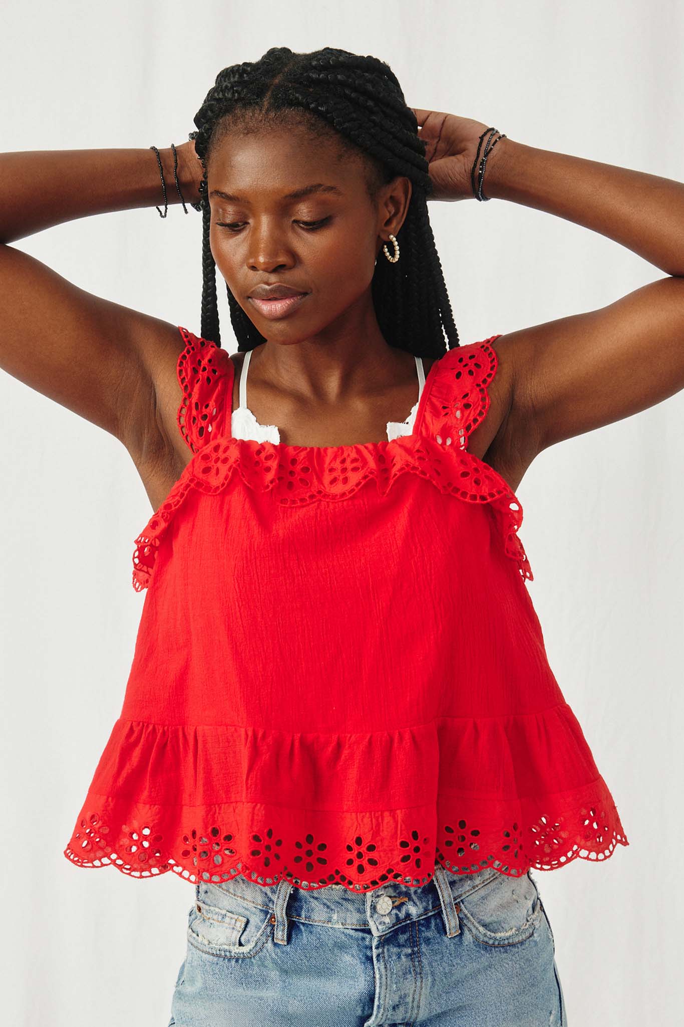 HY8382 Red Womens Scalloped Eyelet Ruffle Tank Pose 2