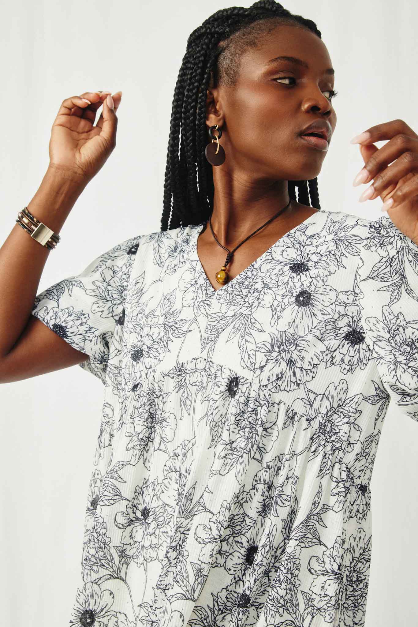 HY8558 Oatmeal Womens Jewel Studded Floral Ribbed Knit Dress Pose 2