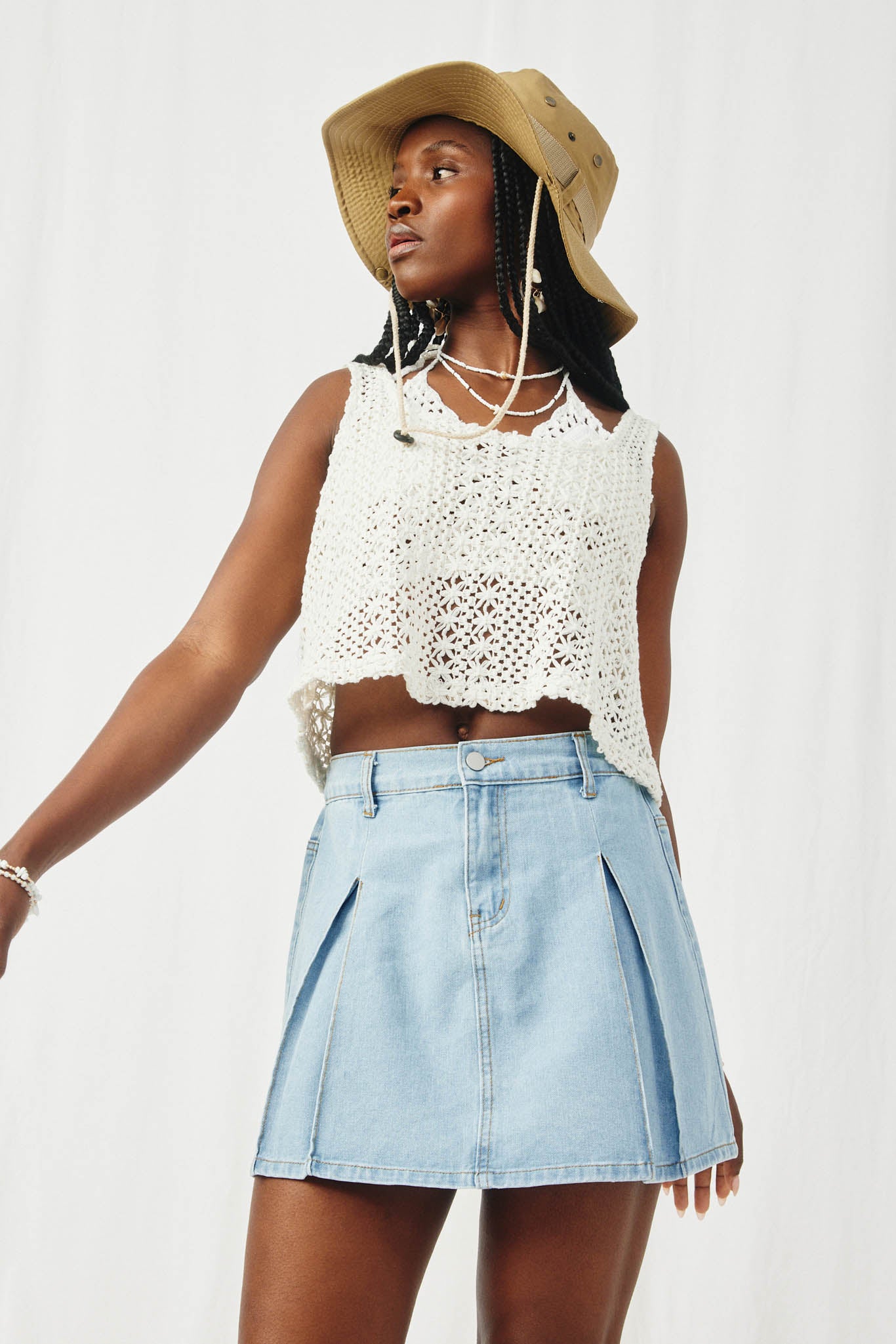 HY8560 Ivory Womens Crochet Knit Cropped Tank Front 2