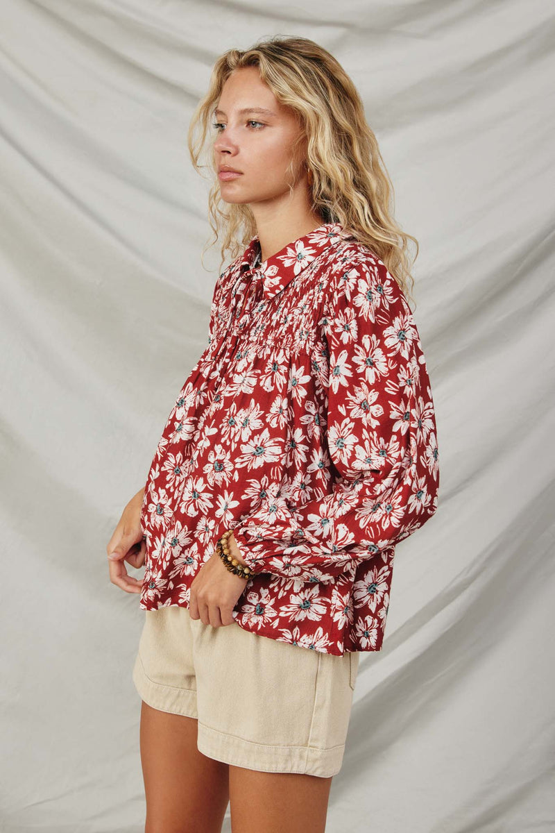 HY8783 Burgundy Womens Floral Print Smocked Detail Tie Front Collared Shirt Side