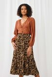 HY5122 OLIVE Womens Floral Print Ruffle Tiered Skirt Front