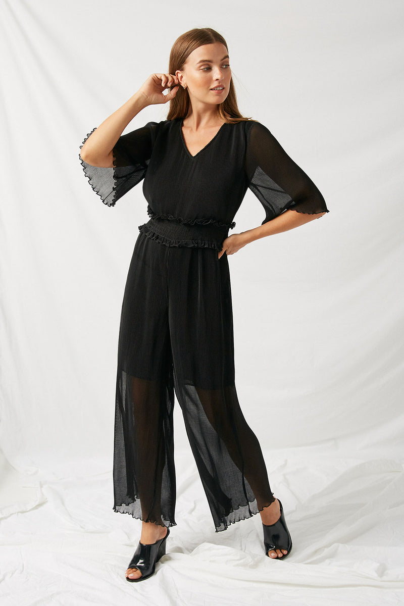 H11056 Black Pleated Palazzo Jumper Front