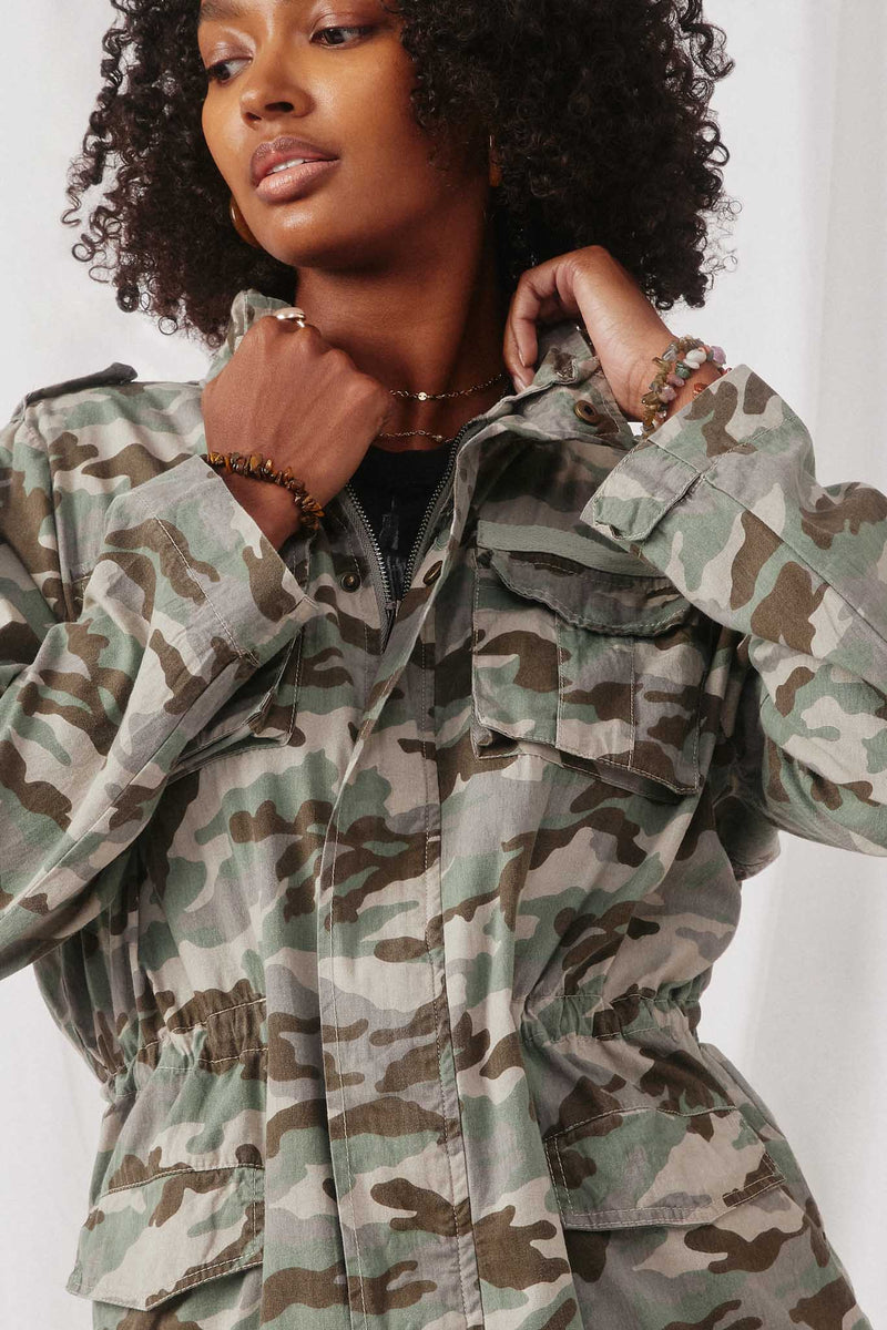 H3621 Camo Womens Drawstring Camo Cargo Jacket Front