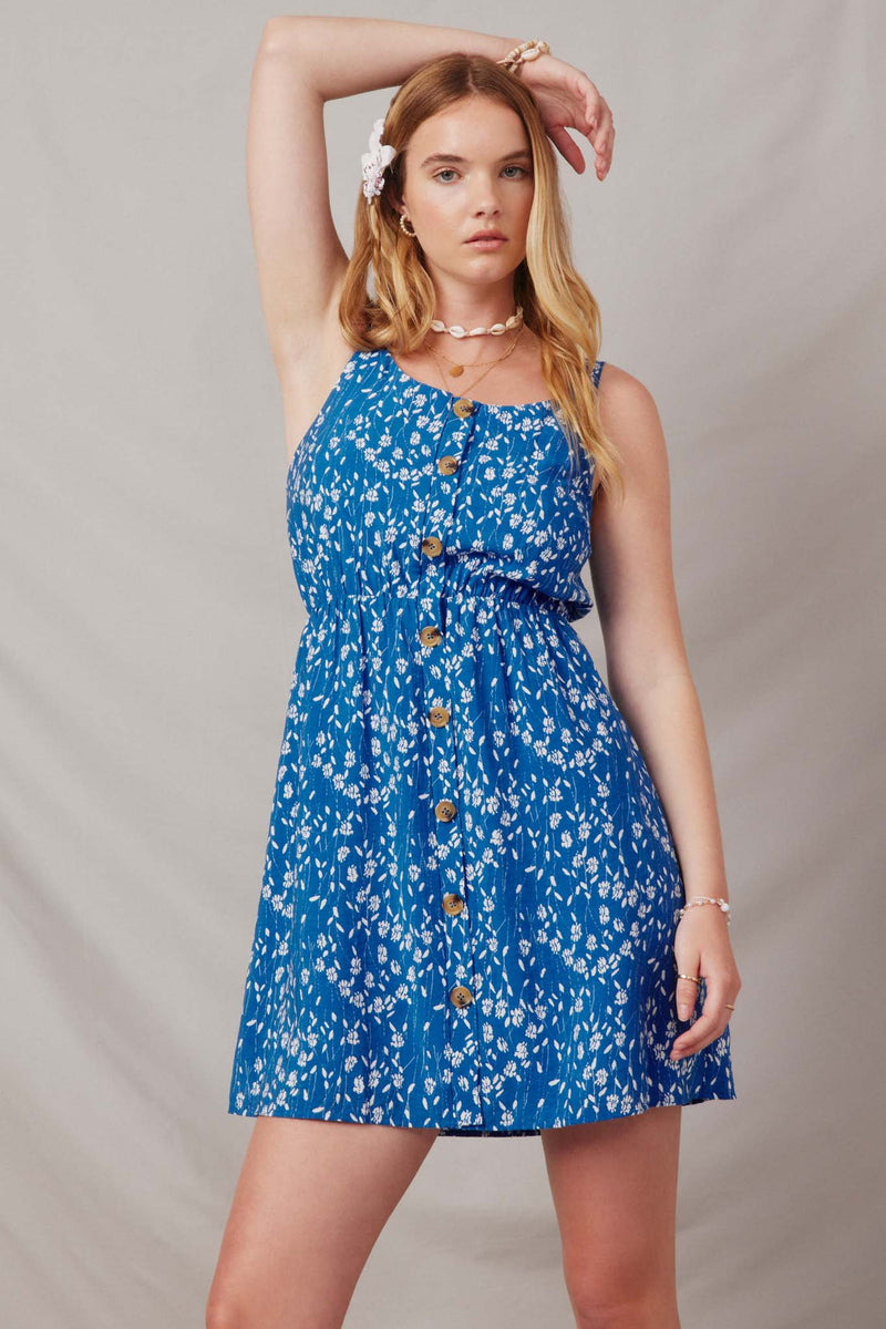 H4565 Blue Mix Womens Floral Button-Down Mini Dress Front