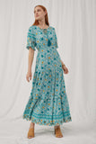 H4683 Jade Mix Womens Floral Bell Sleeve Tassel Maxi Dress Front