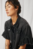 H5588 Black Denim Womens Ruffle Stonewash Denim Jacket Detail