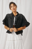 H5588 Black Denim Womens Ruffle Stonewash Denim Jacket Front 2